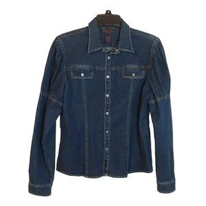 VTG Ralph Lauren snap up denim Shacket Women Large puff sleeve Blouse Blue 90s